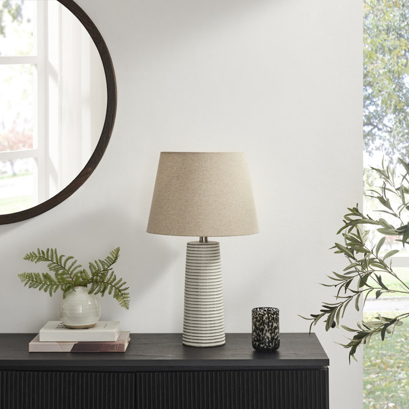 Agtha Tall White Ceramic Striped Base Table Lamp - Elegant Linen Shade