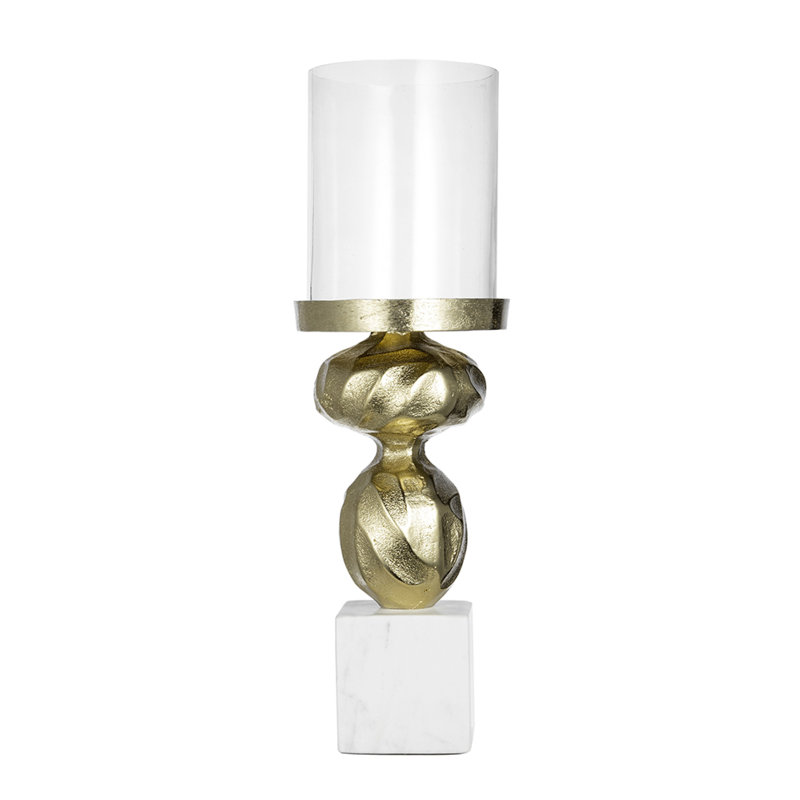 Porte-bougie Hurricane, base en marbre blanc, accents dorés tournés de 14 pouces