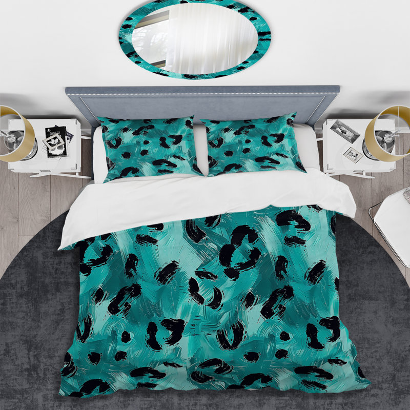 Turquoise noir imprimé animal - ensemble de housse de couette glam, Housse de couette pour grand lit + 2 taies décora