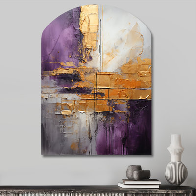 Gold Purple Abstract Fractal III - Fractals Arch Shape Asymmetric Metal Wall Sculpture