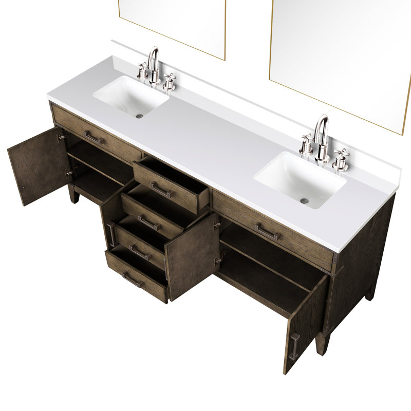 80 po Meuble-lavabo double large en chêne gris avec comptoir en quartz blanc, robinet inclus, 36 miroirs, garniture scellée et durable pour la durabilité