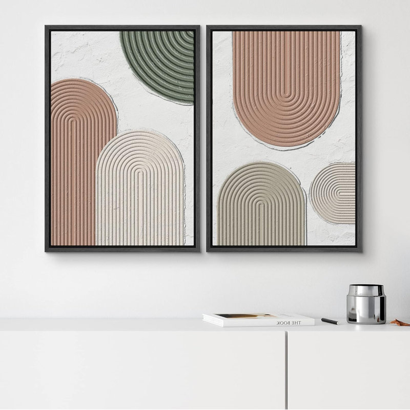 Mid-Century Geometric Polygon Circle Landscape - ensemble de 2 reproductions encadrées sur toile, Noir, H 24 po x l 16 po