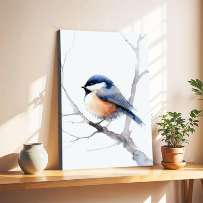 Mésange à tête noire sur une branche nue, aquarelle douce, grand format, impression sur toile tendue sur châssis, pour salon ou chambre.