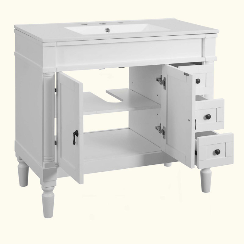 Meuble-lavabo de salle de bain avec lavabo en céramique, tiroirs standard, portes à fermeture douce, tablettes réglables, armoire de rangement moderne pour les petites et moyennes salles de bain
