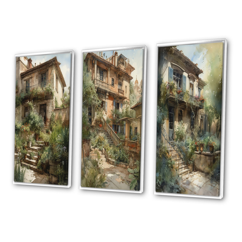 «Rustic Stairway Entrance To Country Cottage», 3 pièces, Cadre flottant blanc, H 28 po x l 36 po