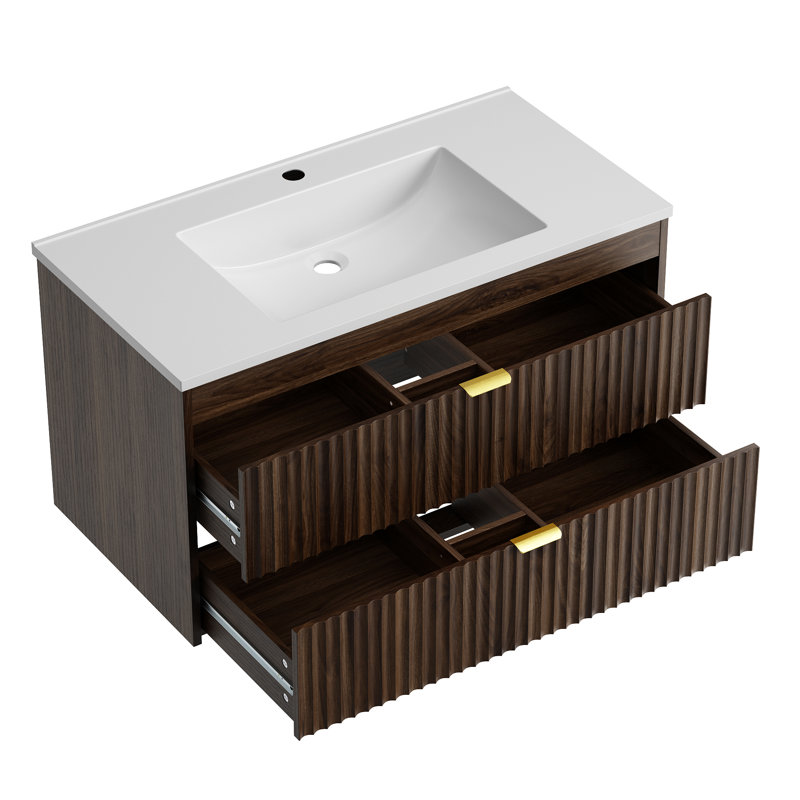 Meuble-lavabo autoportant à un lavabo de 90 cm avec comptoir beige en SMC, Walnut, 35.4"