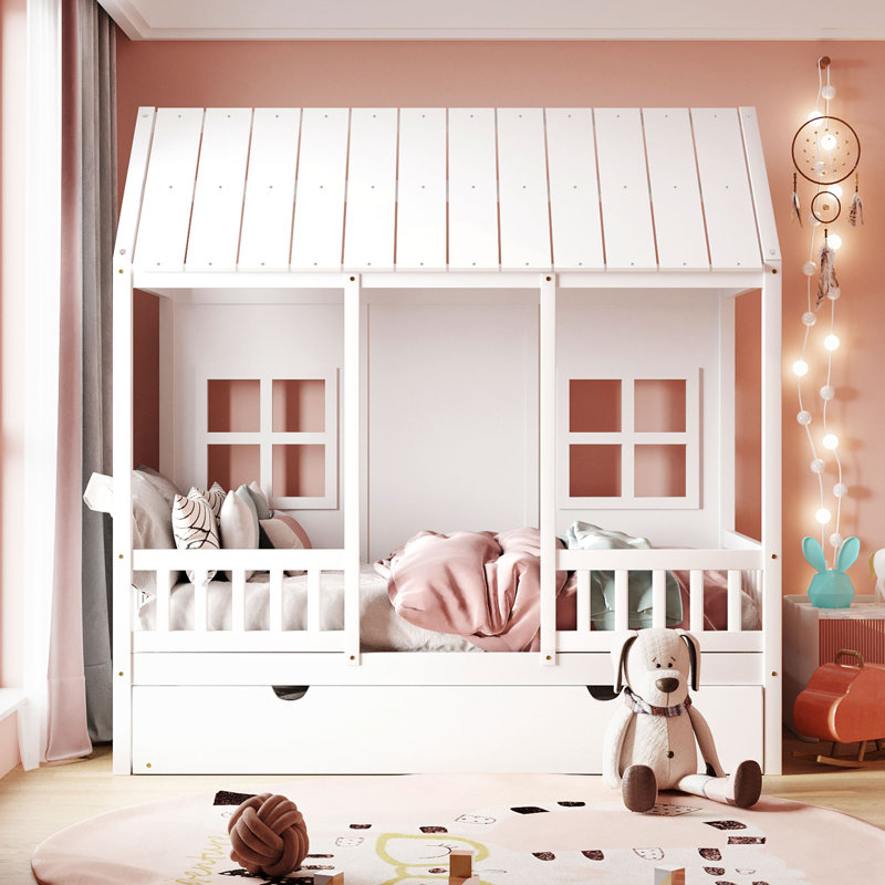 Rezac Standard House Style Bed with Trundle, White, Twin