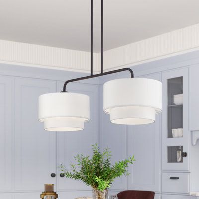 2 Light Soft Gold Large Linear Chandelier With Hand Crafted Off-White Color Fabric Hardback Shades