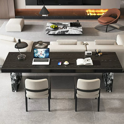 55.12" Modern Light Luxury Solid Pine Wood Large-Board Office Desk – Black-and-White Patterned Multi-Layer Board Square Column Legs, Home Study Reception Long Desk