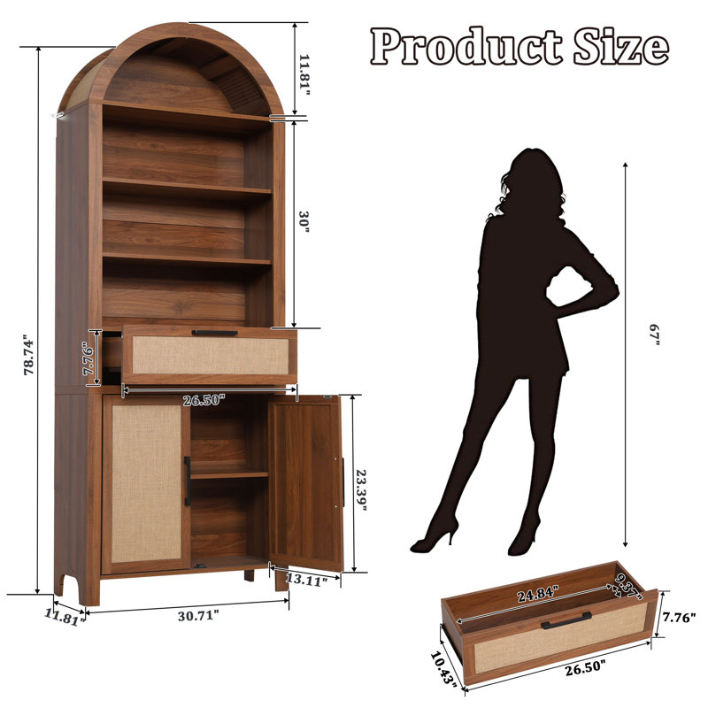 Aterlia 78.7" Arched Storage Bookcase, Brown, 78.7"