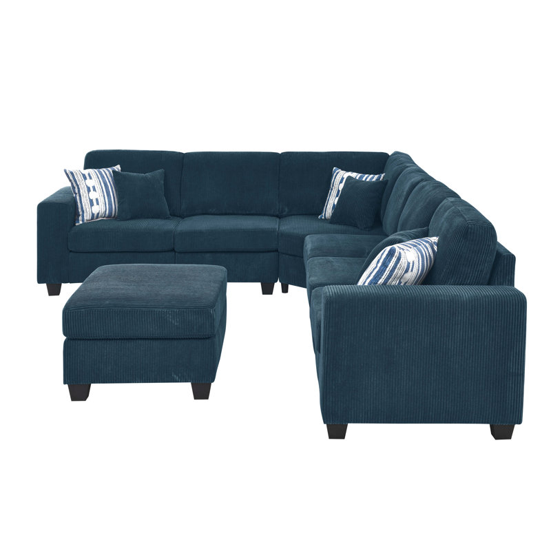 Canapé modulaire avec repose-pieds Erstonia, Velours côtelé bleu foncé