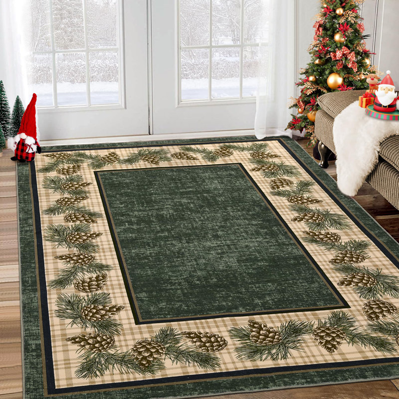 Tapis rustique à carreaux de houx et de baies de Noël, Vert, 3 pi x 5 pi