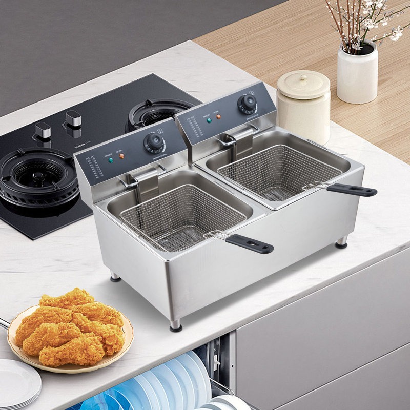 Friteuse électrique avec 2 paniers et couvercles, friteuse de comptoir de 23,2 pintes avec pieds réglables, friteuse double commerciale en acier inoxydable pour utilisation à domicile, 110 V, 1 700 W