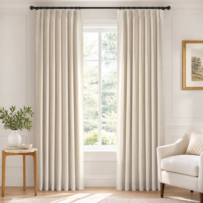 100% Blackout Faux Linen Pinch Pleated Curtain Panels Thermal Insulated Drapes with 20 Hooks for Bedroom & Living Room, Set of 2