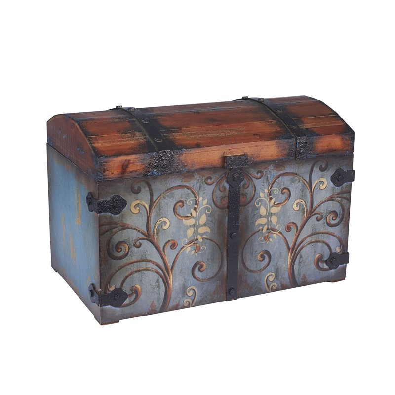 Vintage Domed Teal-Blue Wooden Storage Chest with Gold Scrolls