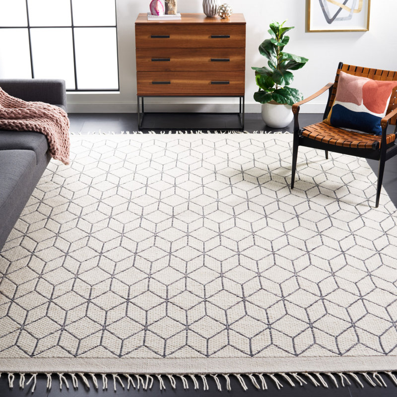 Tapis géométrique gris / ivoire en laine et coton tissé à la main Datari, Rectangle 8 pi x 10 pi