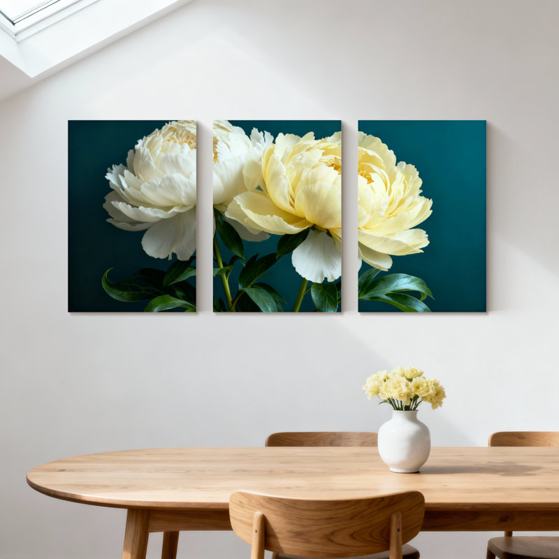 Pivoine, pivoines blanches sur fond foncé, ensemble de 3 impressions sur toile, H 36 po x l 72 po