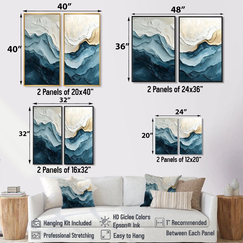 Marbre blanc et bleu II - art mural bord de mer doré 2 pièces, 20" H x 24" W, Impression encadrée flottante, White