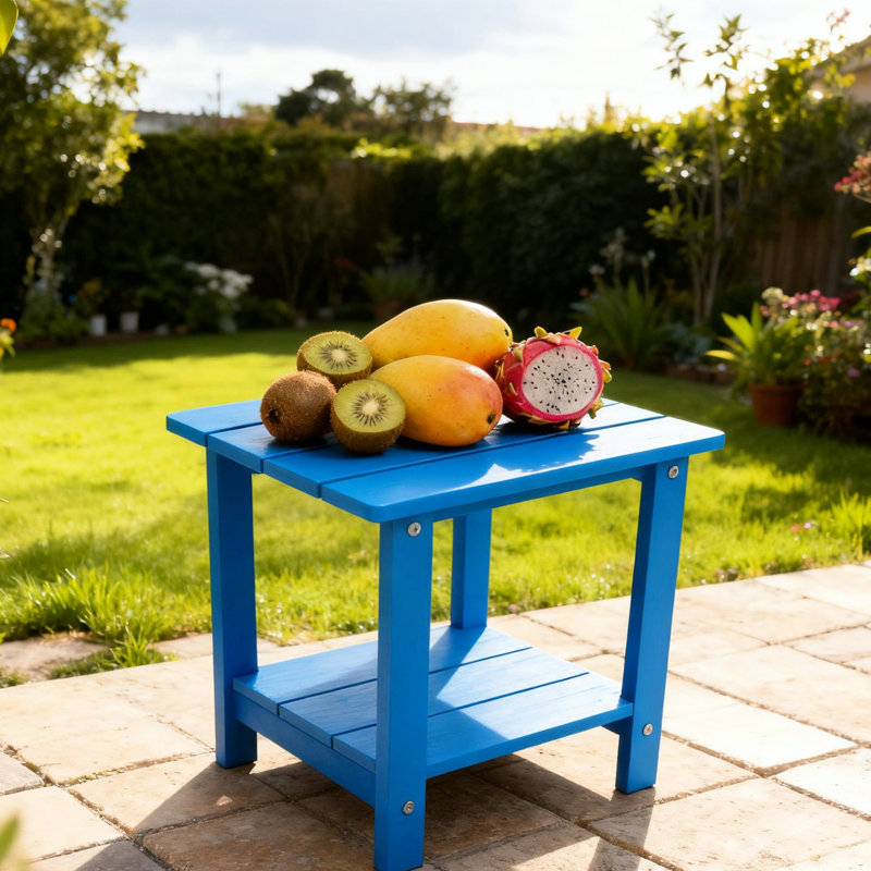 Table d'appoint bleu foncé pour jardin et extérieur, en bois massif à double couche, ergonomique et multifonctionnelle, fini rouille, espace de rangement et quincaillerie large.