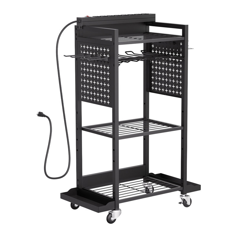 Chariot de rangement à outils à 4 niveaux avec station de charge, 8 prises secteur, support de perceuse à roulettes et rangement pour batteries d'outils, chariot de rangement à roulettes pour garage ou atelier.
