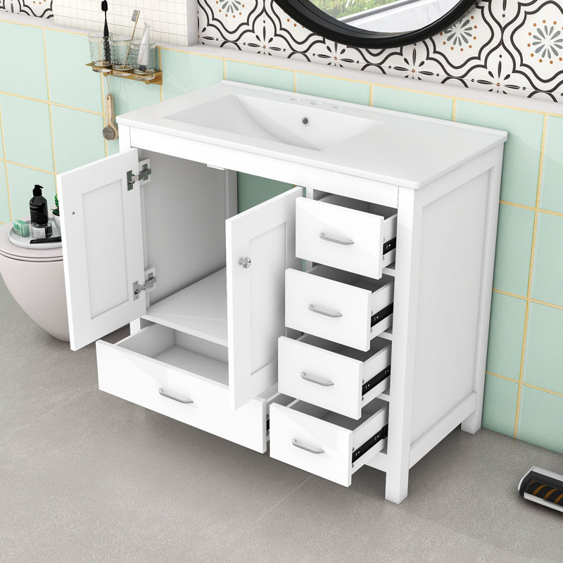 Bathroom Vanity with Ceramic Sink Combo and 5 drawers, White, Grey