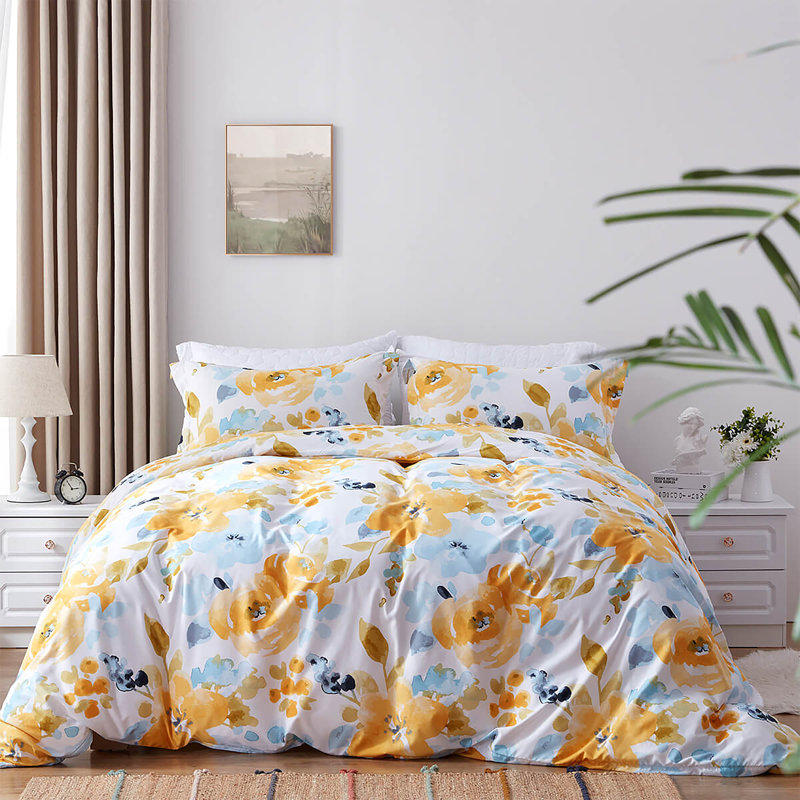 Ensemble de housse de couette réversible en microfibre jaune , Housse simple et 1 taie décorative