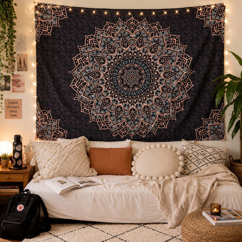 Tapisserie noire Mandala, conception psychédélique bohémienne pour chambre à coucher et salon