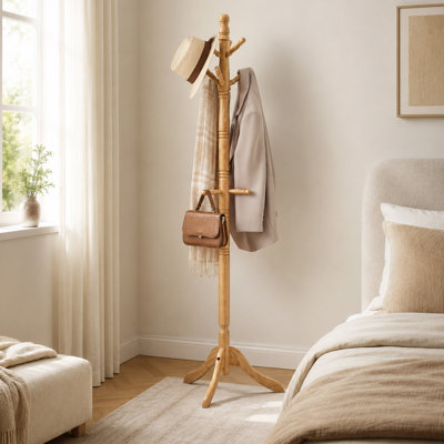 Solid Wood Coat Rack, 10 Hooks, Beige