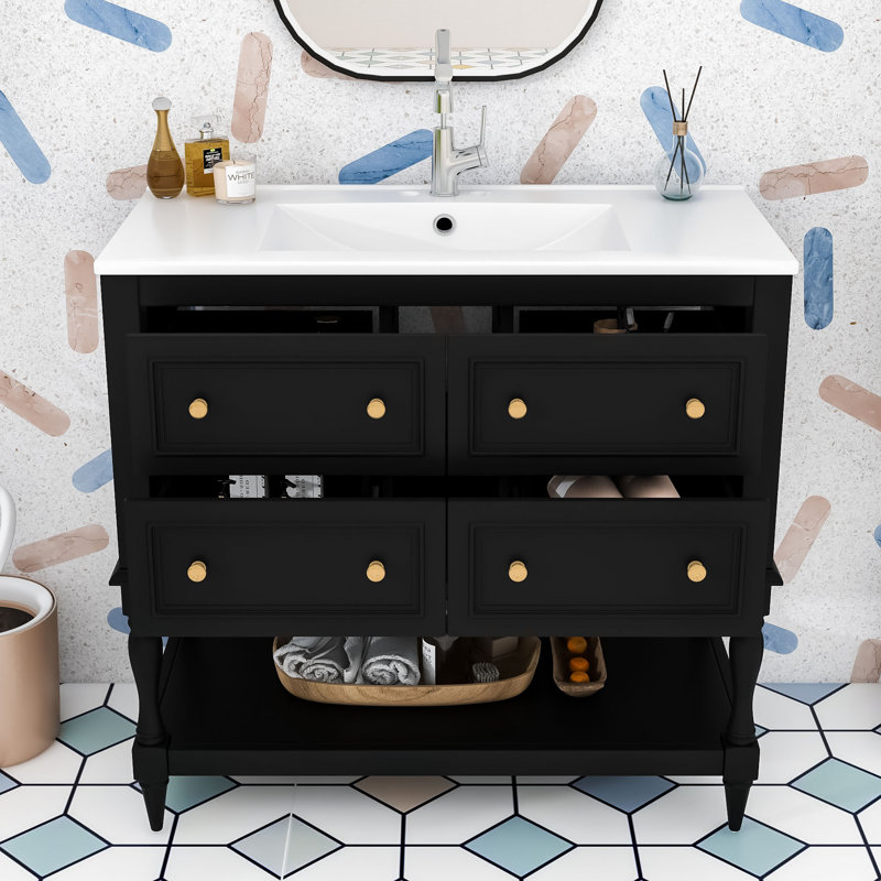 Armoire de meuble-lavabo simple en bois avec lavabo en céramique Elez Elizabeth, Noir