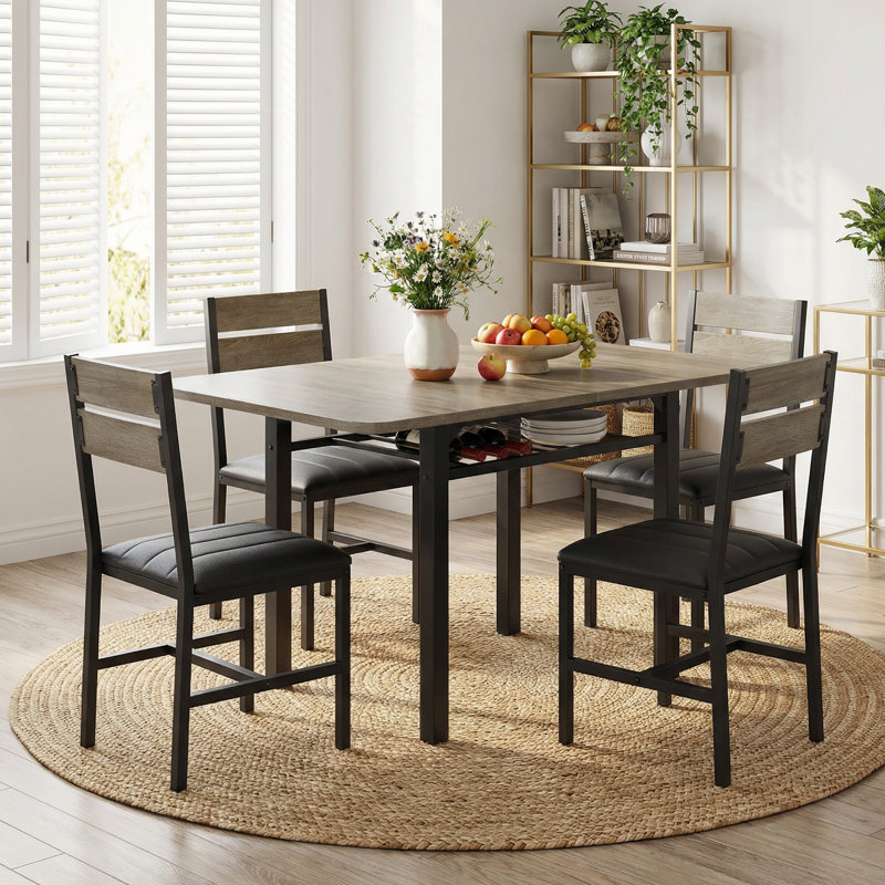 5-Piece Extendable Dining Table Set with Storage Shelf, Foldable Table & 4 PU Leather Chairs, Gray/Black
