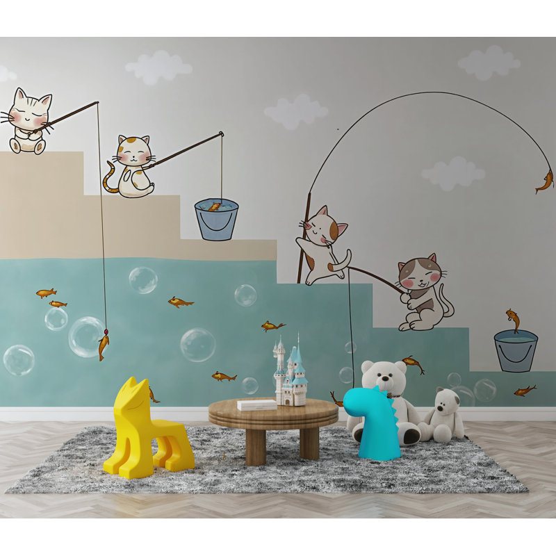 Cartoon Colourful Cats And Fish Nursery Removable Wallpaper, 48.96" L x 75" W