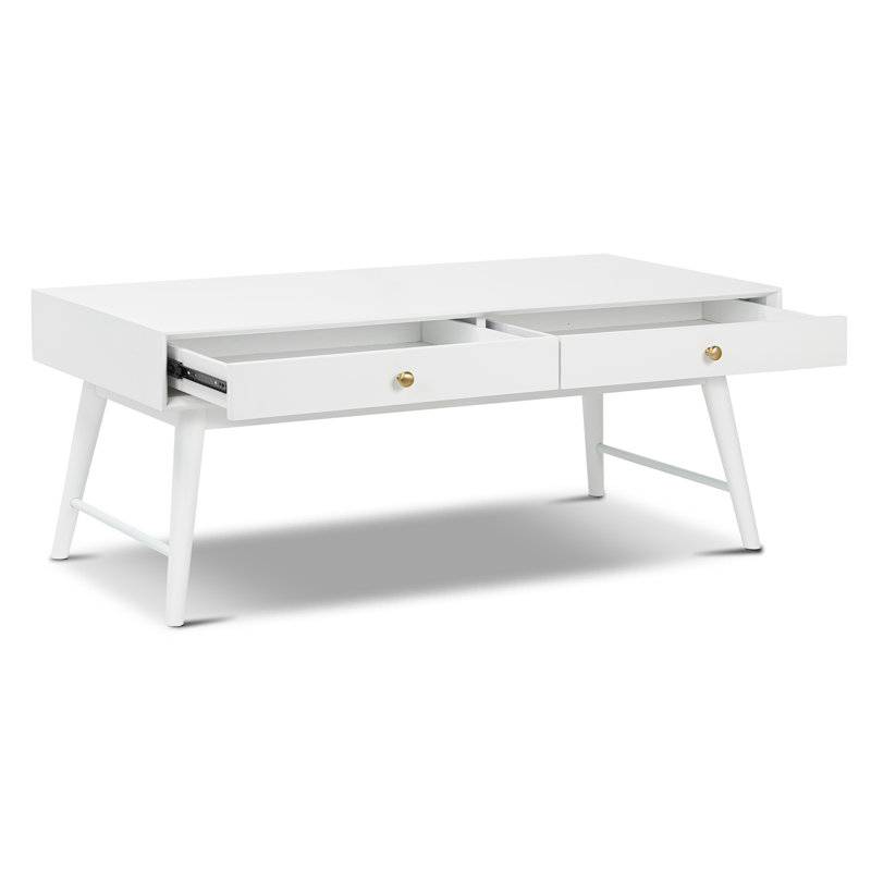 Dorsey 46" Mid-Century Coffee Table with Storage Drawers and Solid Wood Legs, White