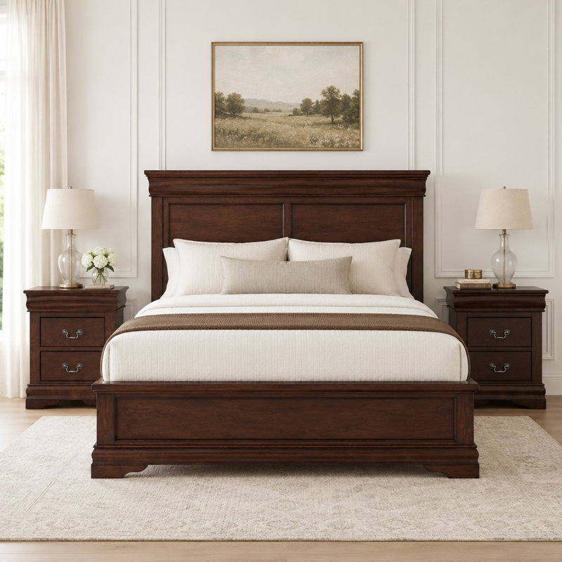 Nightstand Set Of 2, Solid Wood Nightstands With 2-Drawer, No Assembly Required, Dark Cherry