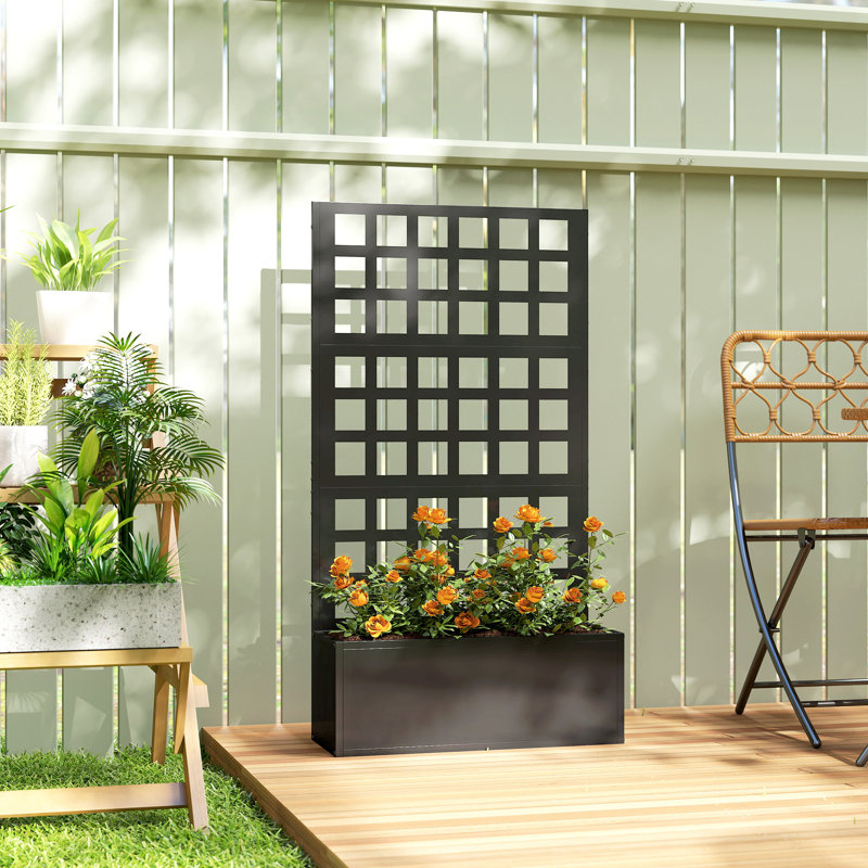 Galvanized Raised Garden Bed Planter Box With Trellis For Climbing Plants, Vegetable, Vines, 24" X 9" X 44.5", Black, Black