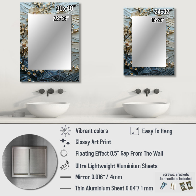 Blanc et bleu coquelicots vagues - miroir coquelicots, miroir mural traditionnel unique, art imprimé en métal, 40 po x 30 po