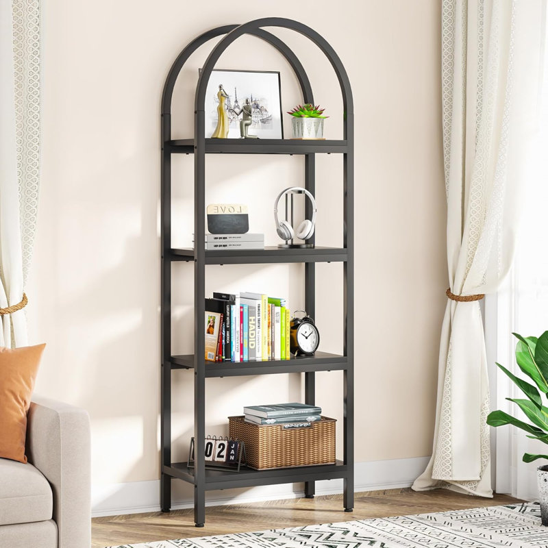 70.86" Tall 4-Tier Black Industrial Arched Open Bookshelf Storage Rack For Office, Bedroom, Kitchen