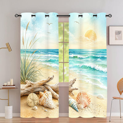 2 PCS avec œillets, bord de mer, vagues de la mer, bois flotté, soleil, éclairage, scène de plage, rideaux en polyester, rideaux obscurcissant et isolant avec protection d'intimité, panneaux de fenêtre d'intérieur pour le salon