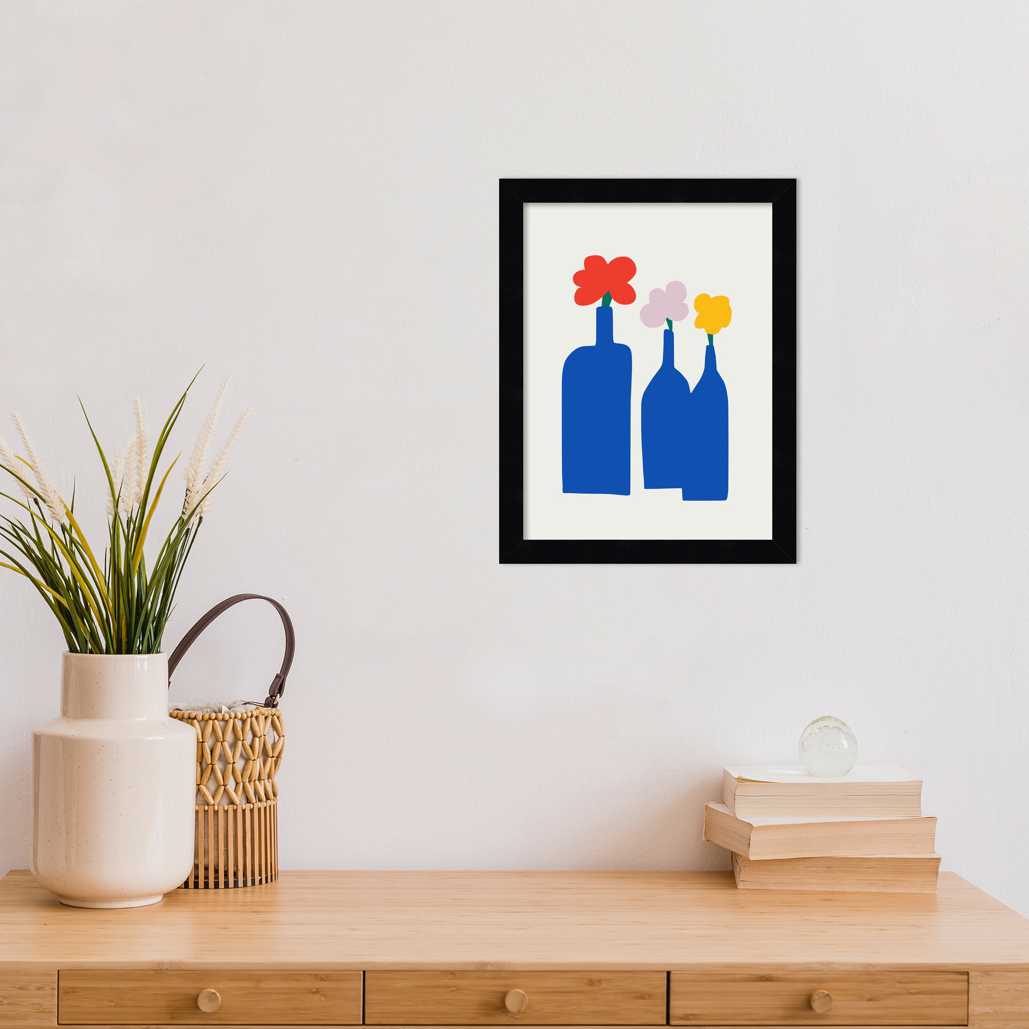 Blue Bottle Vase by Little Dean Wood Framed Wall Art Print, Black, 13" H x 10" W