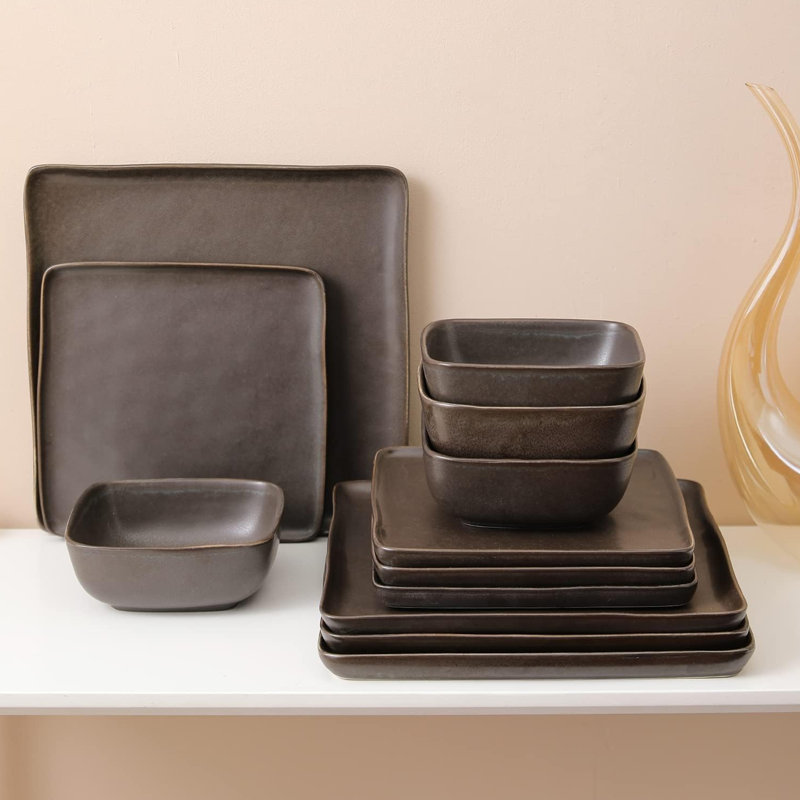Stone Lain Jonny Stoneware 12 Piece Dinnerware, Dish Set w/Service for 4, Brown