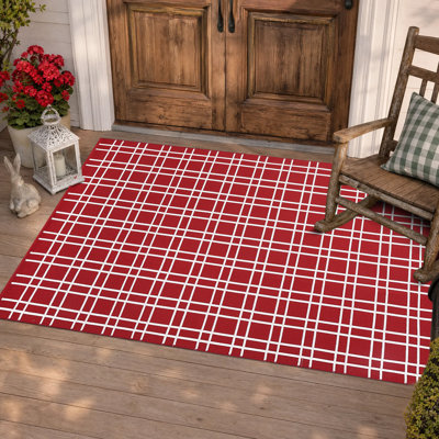 Tapis lavable d'extérieur 3 x 5 en coton tissé à la main avec passe-partout de style maison de campagne, rouge et blanc