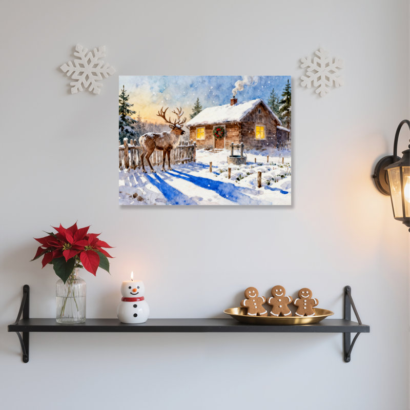 «Winter Cabin Deer», art mural sur toile, H 24 po x l 36 po