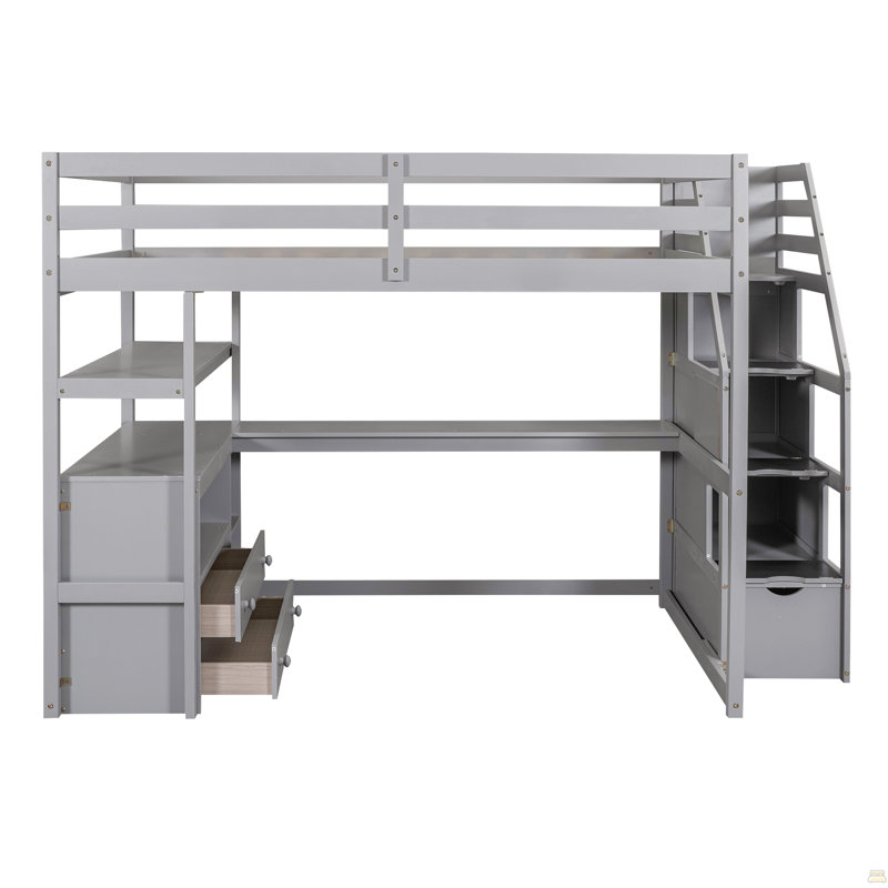 Lit mezzanine double avec bureau et tablettes, deux tiroirs intégrés, escalier de rangement, gris