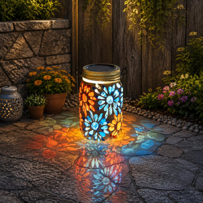 Waterproof solar hanging lanterns combine Mosaic Flowers with Glass construction for decorative outdoor lighting along pathways, patios, porches, or yards.