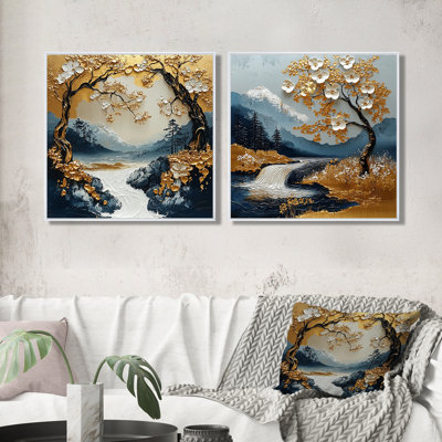 «Gold and Blue River of Natures Essence I» - décoration murale paysages abstraits - art mural moderne 2 pièces