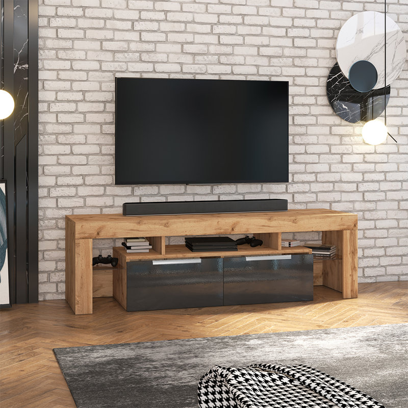 Antani Unfinished TV Stand for TVs up to 75", Lancaster Oak/Black Glass