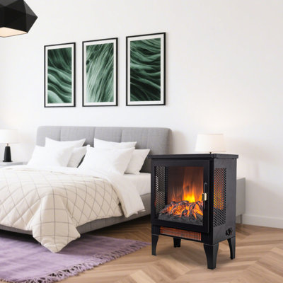 18 Inch Freestanding Electric Fireplace Stove, Black, 3D Flame, /Ul , High - Security Features, 1400W/700W Heat, 5000 , 50000 Hours Led, Removable Foot, Simple Mechanical Buttons, Golden Door Handle,
