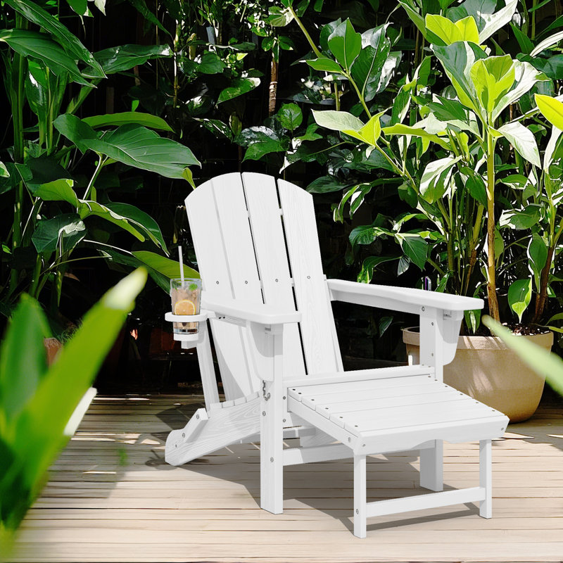 HDPE Foldable Adjustable Outdoor Adirondack Chair With Ottoman and Double Cup Holder, White