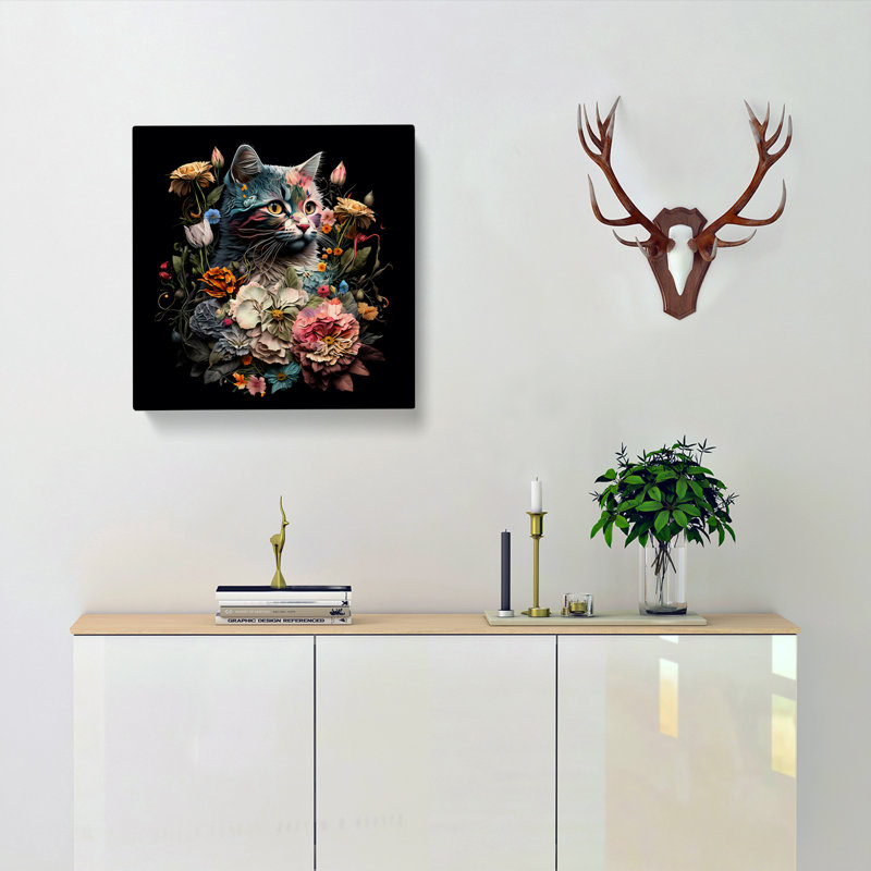 Cat Floral No.1 - Wrapped Canvas, 35cm H x 35cm W x 3cm D