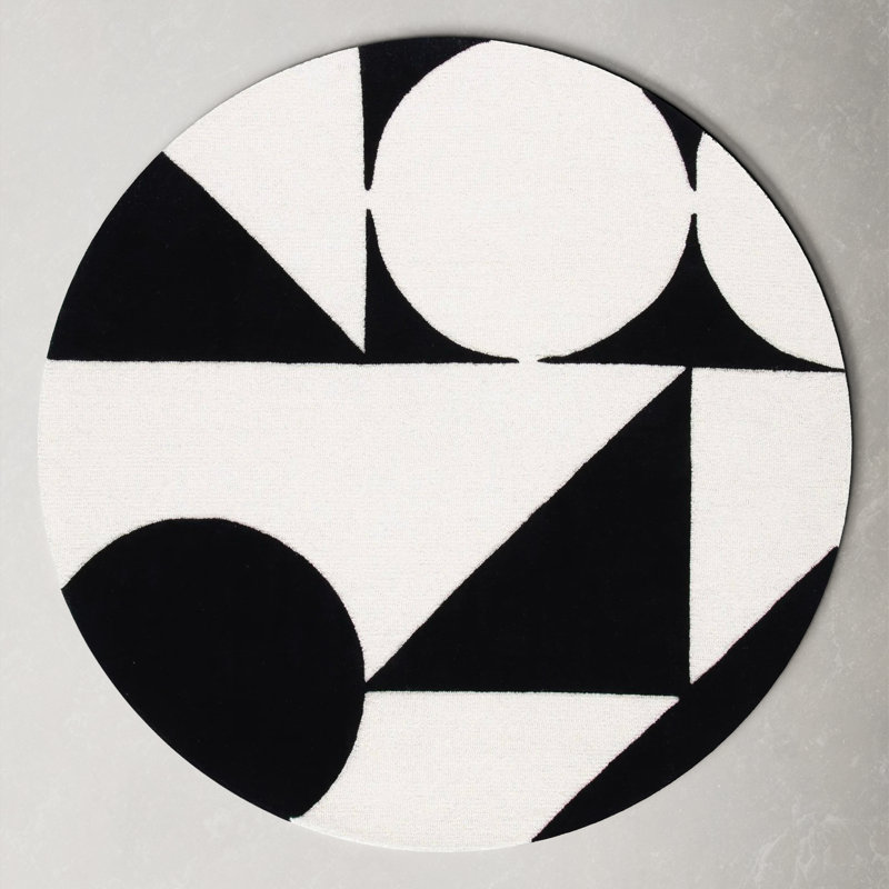 Tapis ivoire / noir en laine touffeté à la main à motif géométrique, Rond 4 pi