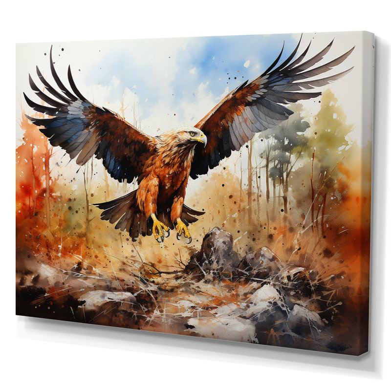 Aigle en vol chasse sur toile, Toile tendue, H 16 po x l 32 po x P 1 po
